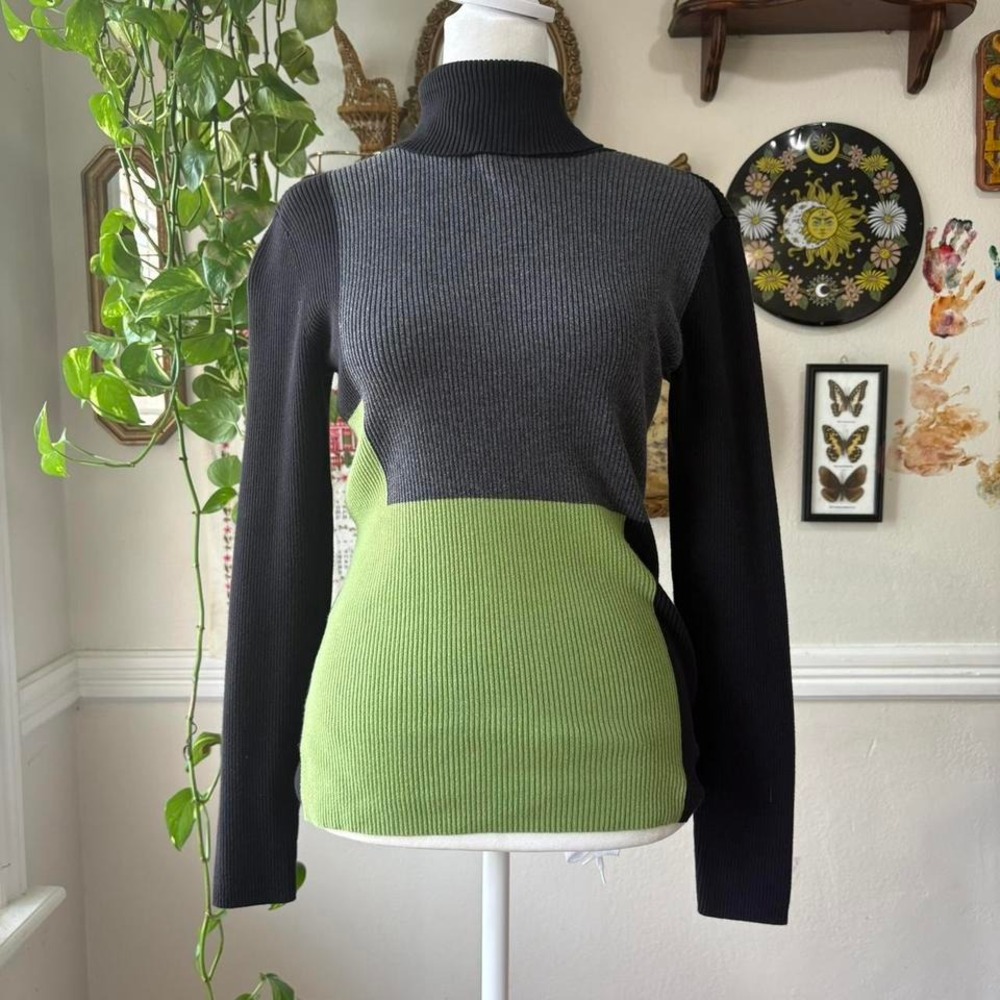 Vintage Y2K Style&Co Green/Black Colorblock Ribbed Turtleneck Long Sleeve Size S